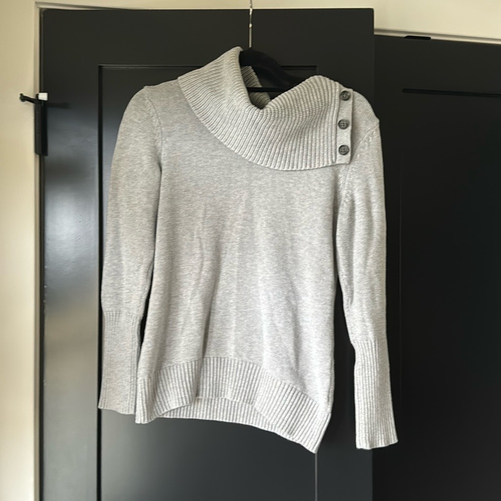 Banana Republic Light Gray Waffle Knit Sweater with Button adjustable Cowl Neck